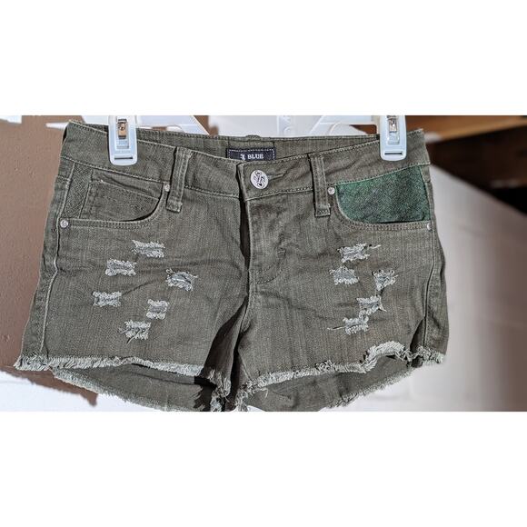 STS Blue Pants - STS Blue Olive Green Distressed Denim Shorts Frayed Hem Cutoff Jean Low Rise 5
